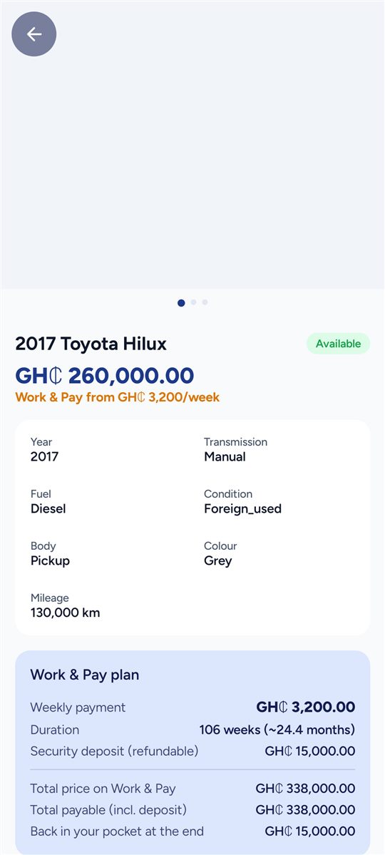 Vehicle detail — Gallery, specs and the Work &amp; Pay quote